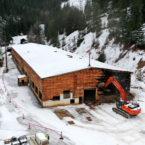 The beginning of demolition of the old machine shop to make room for the planned mill site. Demolition of the large shop took place over a weeks' time.