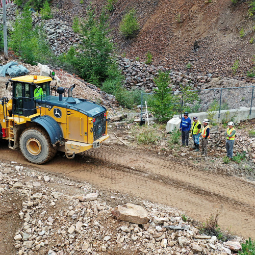 Bunker Hill management and safety personnel join GMS Mine Repair & Maintenance in overseeing the progress of the Russell Portal upgrade in Wardner in September of 2023. 