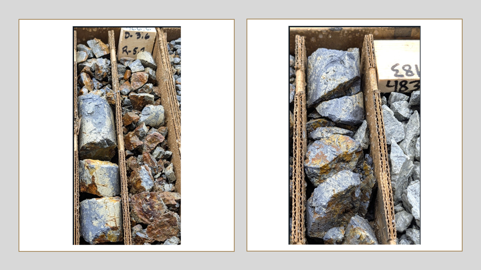 Galena-siderite veins with lead-silver mineralization from BHE26-02. Left photo is 477.3-481.6’: 4.3 ft at 8.84 oz/ton (303.09 g/t) Ag, 23.2% Pb, 0.73% Zn (499.7 g/t AgEq). Right photo is 464.5-465.1’: 0.6 ft at 5.21 oz/ton (143.64 g/t) Ag, 4.61% Pb, 0.6% Zn (188 g/t AgEq)
