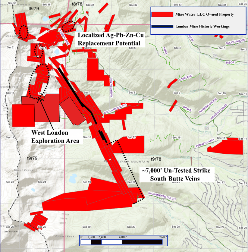 Map showing the London Mine land package and identified exploration target areas.