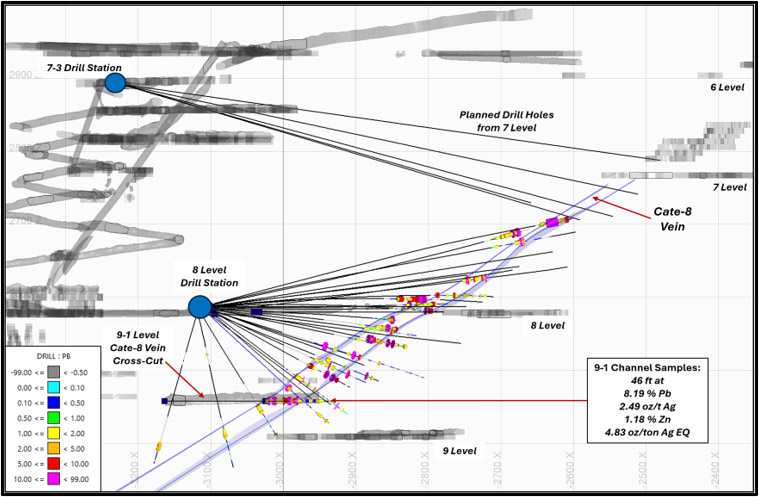 Cross section of Cate-8 Vein with drill traces and channel samples in new 9-1 Level crosscut showing lead values. View is 700 feet wide, flat at 354 azimuth, section centered on crosscut, grid spacing 100 feet