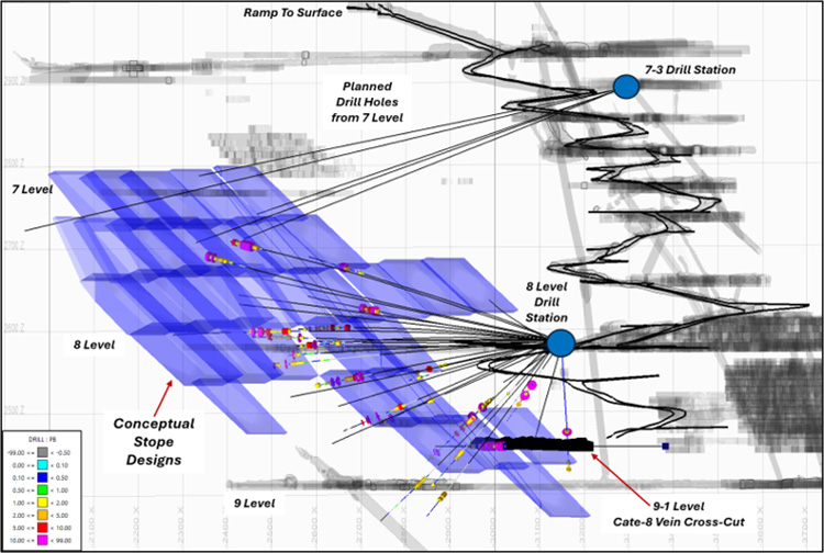 Conceptual design of potential extraction strategies for Cate-8 Vein mineralization adjacent to existing underground workings. View flat at 123 azimuth, 700-foot-thick slice, 100-foot vertical grid spacing